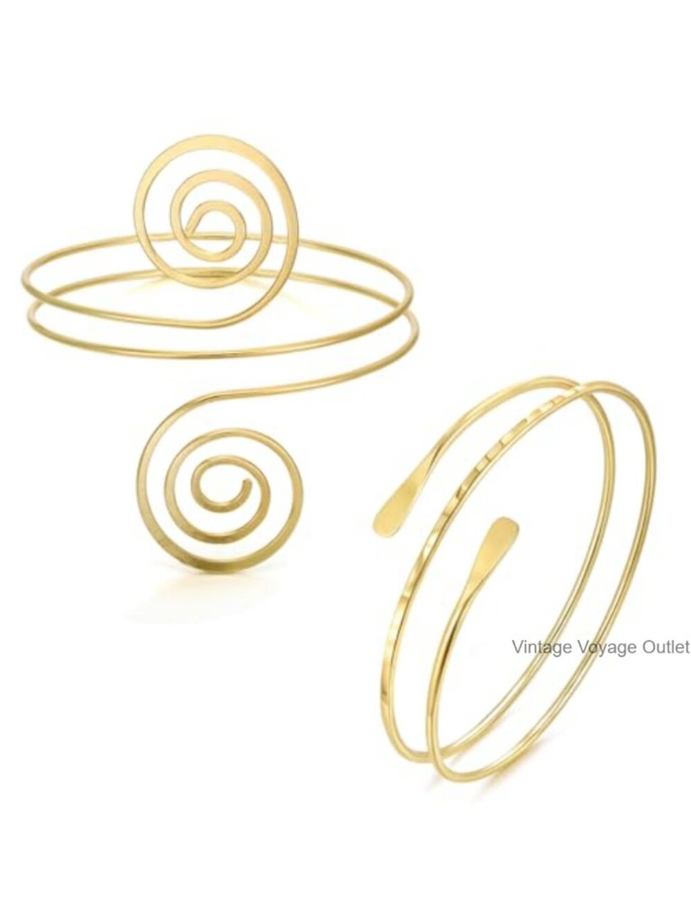 2Pc 14k Gold Plated Arm Cuff Bracelet Set Open Adjustable Coil Swirl